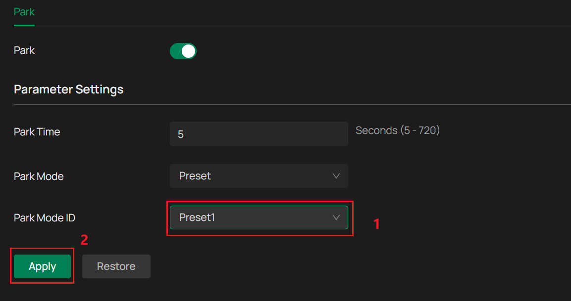 Preset mode configuration page.