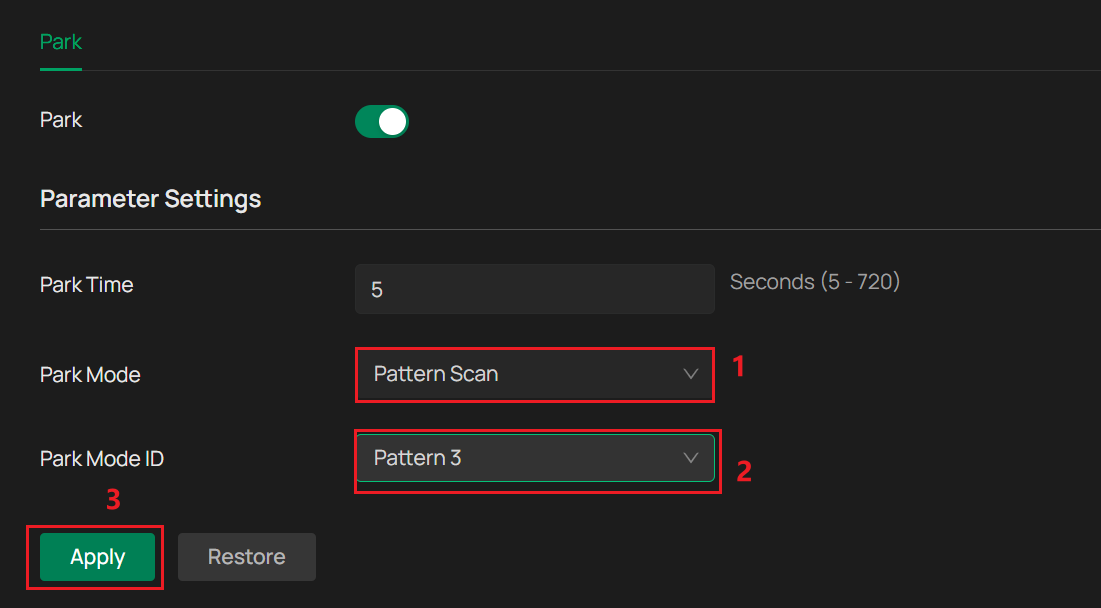 Pattern Scan mode configuration page.