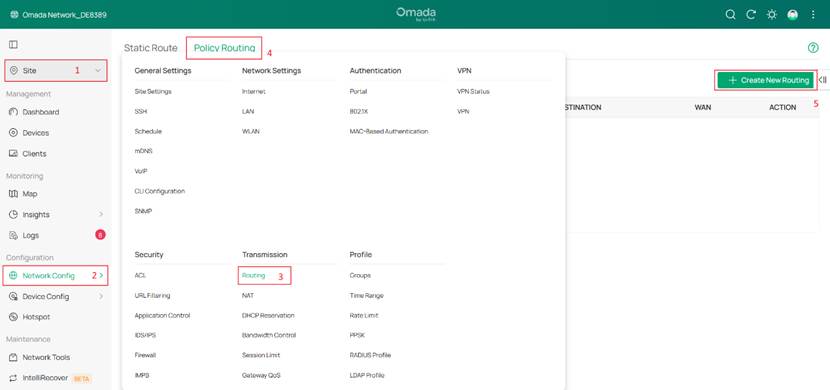Screenshot showing the navigation path to the configure Policy routing configuration.