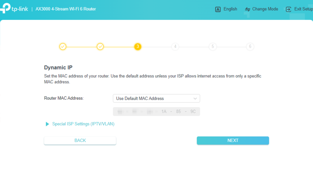 Screenshot of Dynamic IP MAC address selection screen with "Use Default MAC Address" option.