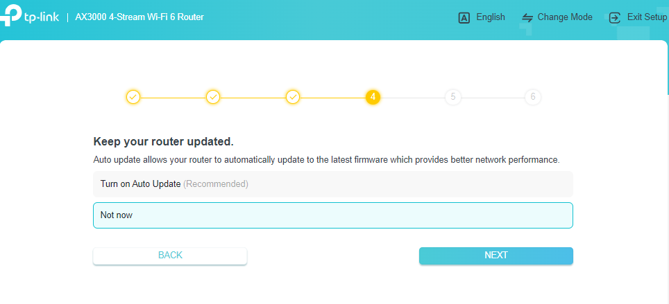 Screenshot of firmware update preference screen with "Turn on Auto Update" and "Not now" options.