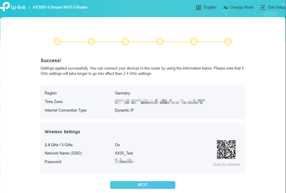 Screenshot of "Success!" confirmation screen showing a summary of region, time zone, connection type, and wireless settings.