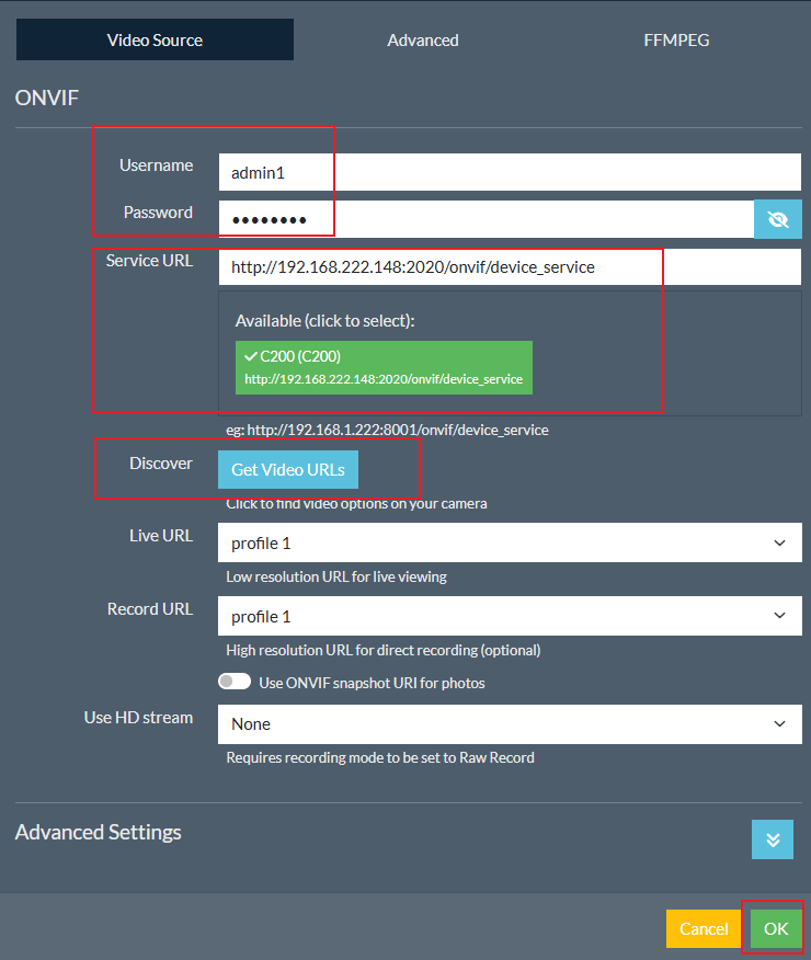 Agent DVR ONVIF Video Source configuration screen showing username, password, Service URL, and Get Video URLs button with a camera detected.