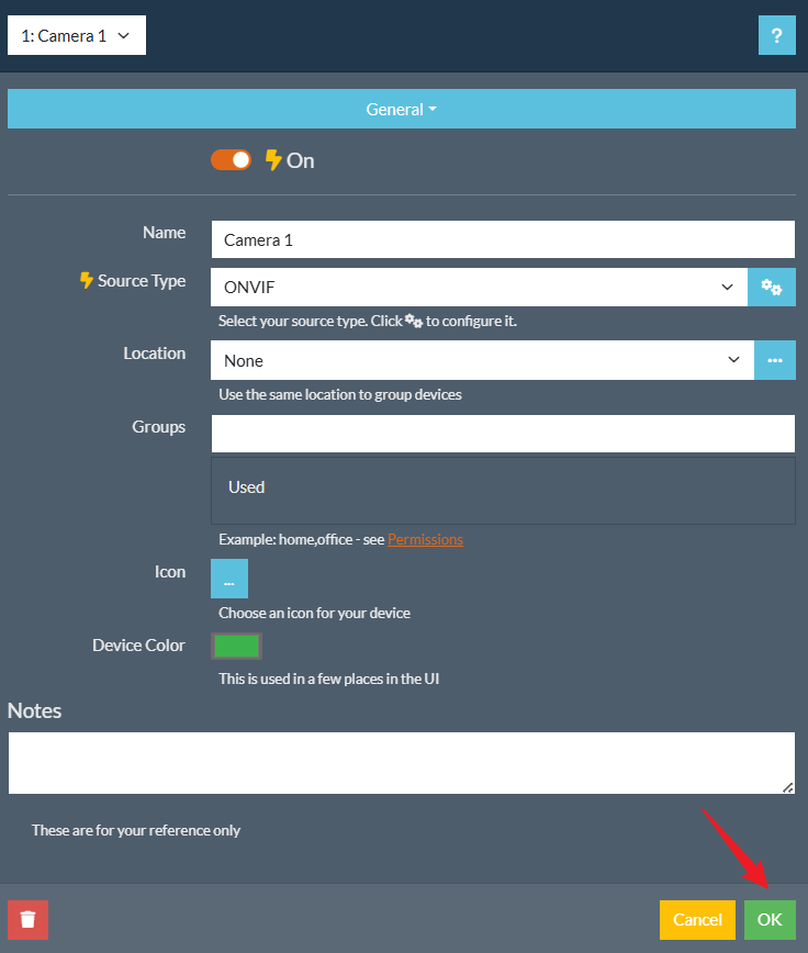 Agent DVR Camera 1 general settings screen showing Name, Icon, and Device Color fields with OK button.