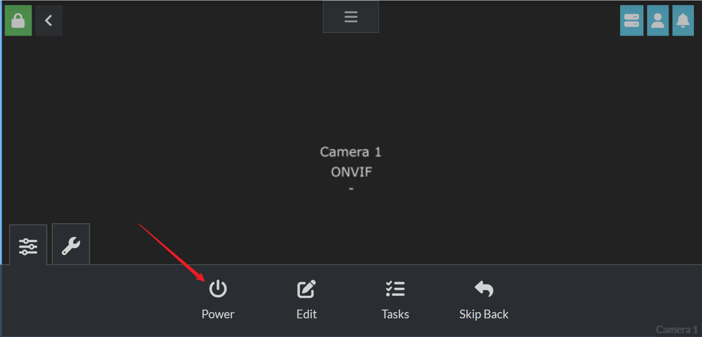 Agent DVR Camera 1 settings screen with the Power button toggled on.
