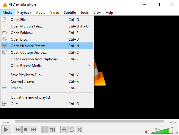 VLC media player with the Media menu open and Open Network Stream highlighted.