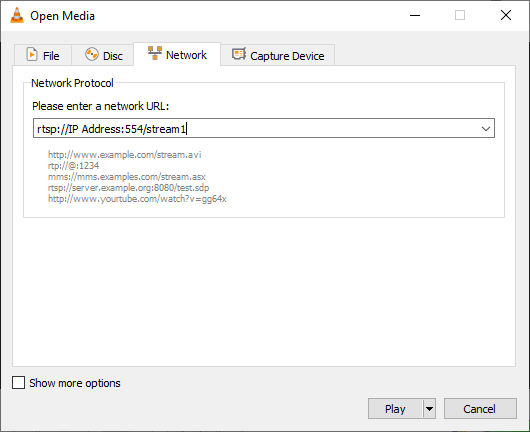 VLC Open Media dialog on the Network tab with rtsp://IP Address:554/stream1 entered in the URL field.
