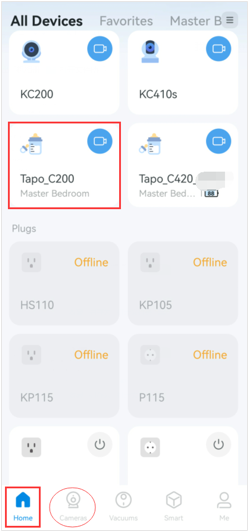 Tapo app Home page with a specific camera and the Cameras tab highlighted.