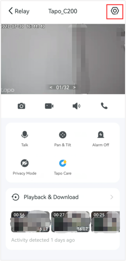 Tapo app Live View page with settings icon highlighted in top right corner.