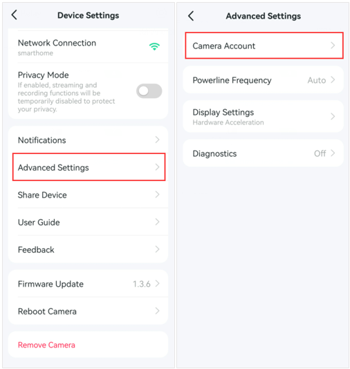 Device Settings screen showing Advanced Settings option highlighted, and the Advanced Settings screen showing Camera Account option highlighted, third image in Current Content, Step 1]