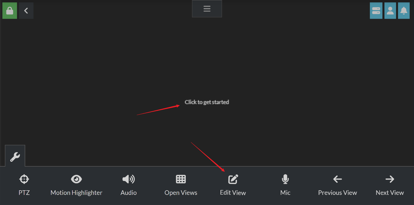 Agent DVR interface showing the Edit View and blank area to click to get started.
