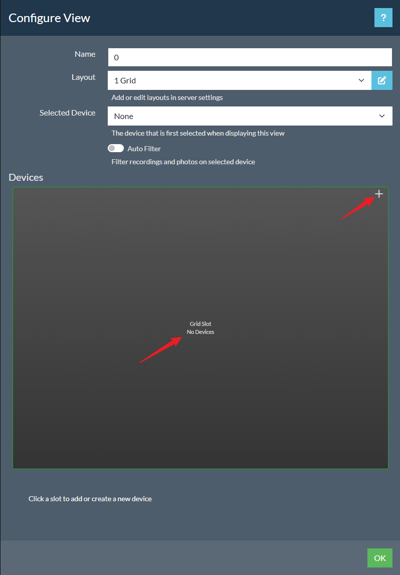 Agent DVR Configure View screen showing the + button for adding a new device, sixth image in Current Content, Step 2 Option 1]