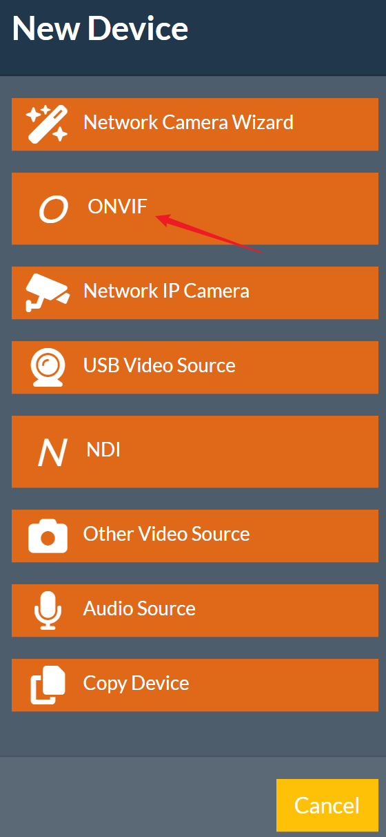 ONVIF option is highlighted.