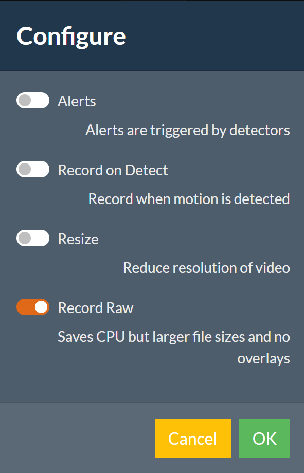 Agent DVR Configure screen showing Alerts, Record on Detect, Resize, and Record Raw toggles.