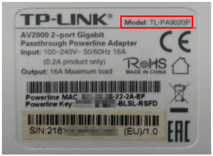 Product label on a powerline adapter (TL-PA9020P) showing the model number highlighted in a red box.