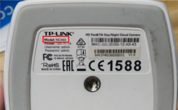 Product label on a cloud camera (NC450) showing the model number highlighted in a red box.