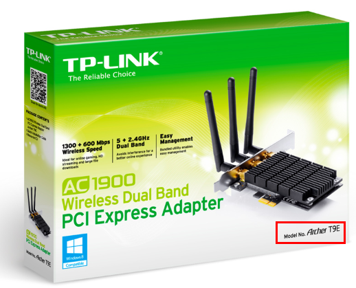 Product box for a PCI Express adapter (Archer T9E) showing the model number highlighted in a red box.