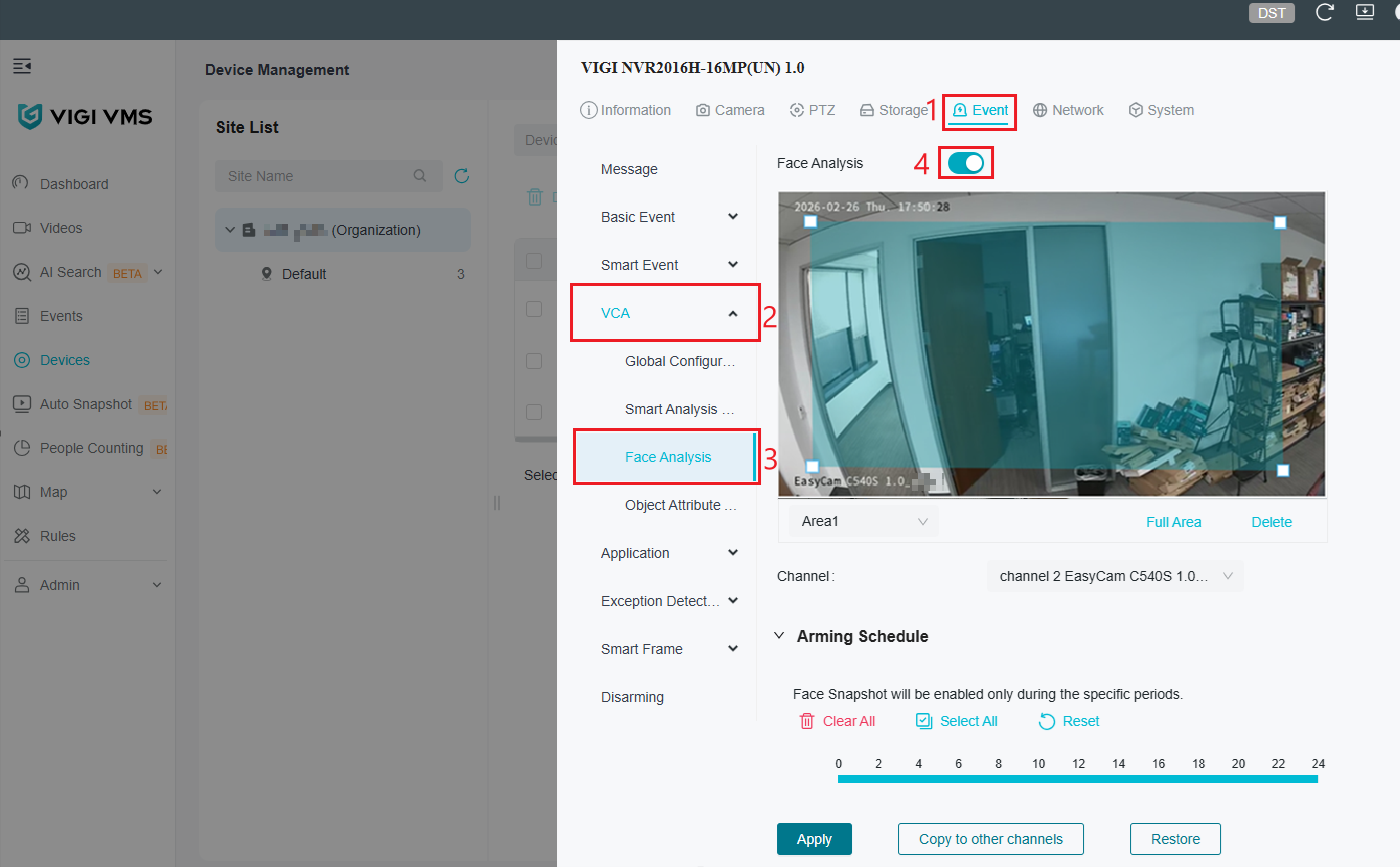 Navigating to Face Analysis settings on NVR.