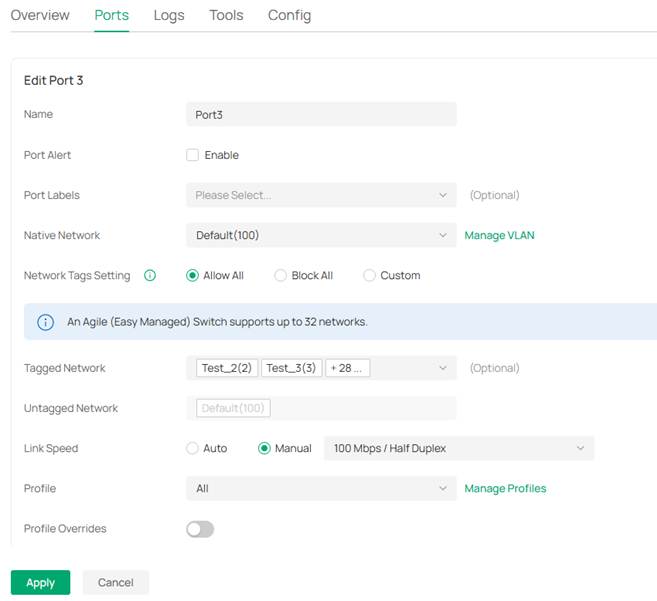 Port configuration page showing the settings for scenario 1.