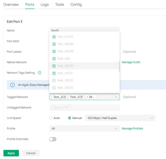 Only the first 30 VLANs take effect when Allow All is selected.