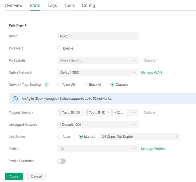 Port configuration page showing the settings for scenario 2.