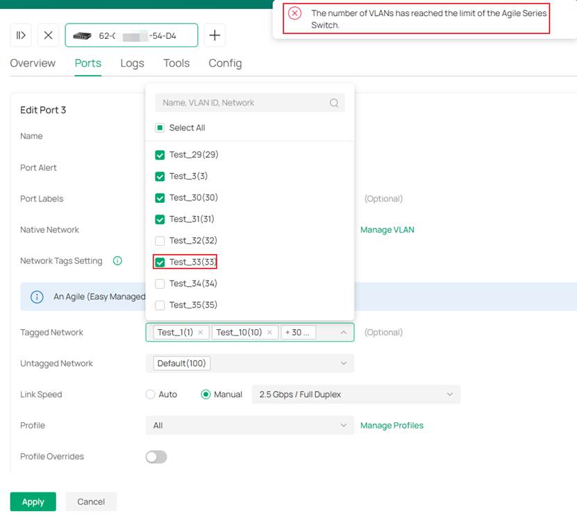 Only VLAN 2 to VLAN 31 can be selected; selecting VLAN 33 triggers a prompt indicating that the VLAN limit has been reached.