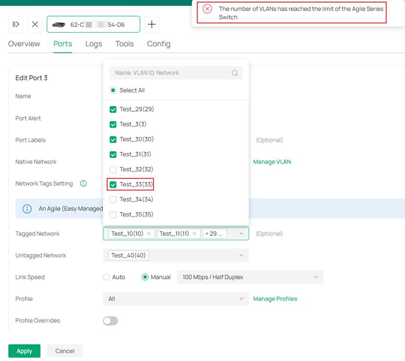 Only VLAN 2 to VLAN 31 are available for selection, and attempting to select VLAN 33 will result in a message indicating that the VLAN limit has been reached.