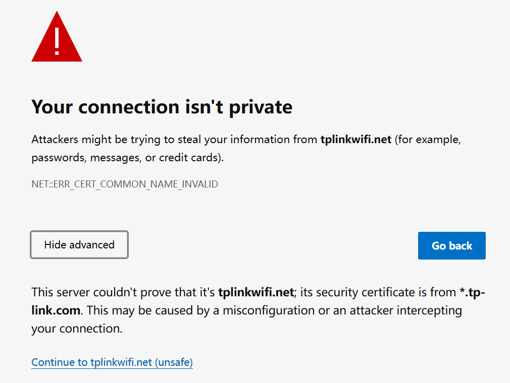 Insert the "Hide advanced / Continue to tplinkwifi.net (unsafe)" expanded view screenshot.