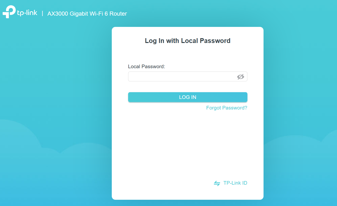 Insert the router login screen screenshot showing "Log In with Local Password" and the TP-Link ID toggle.