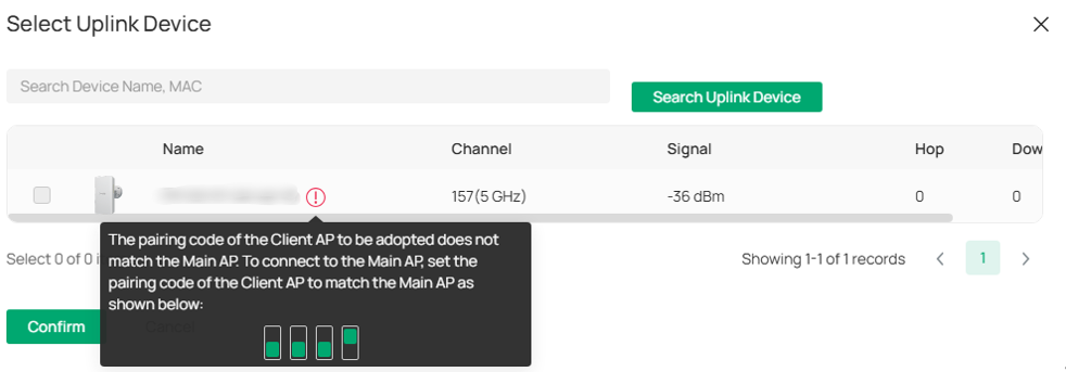 Adopting the client AP when DIP Switch is enabled and the pairing code of the Client AP does not match.