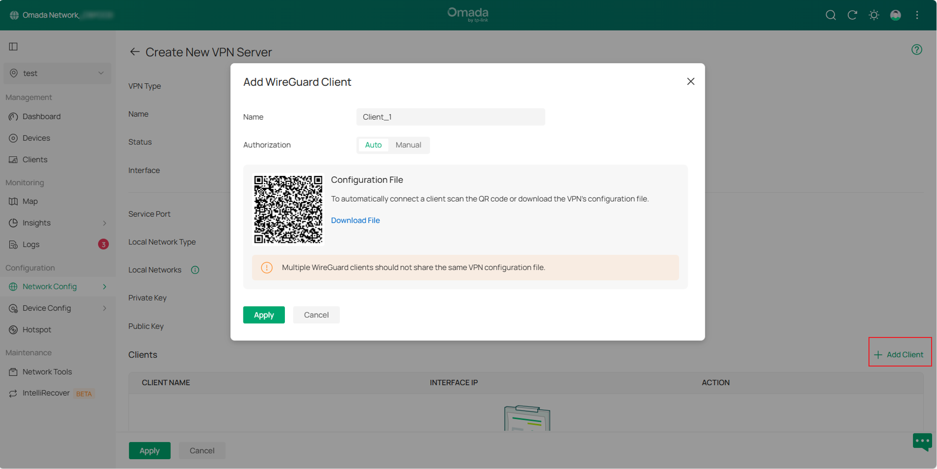 Display the page for adding clients.
