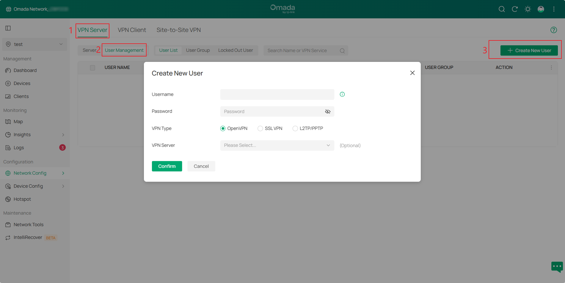 Show the page for creating VPN users.