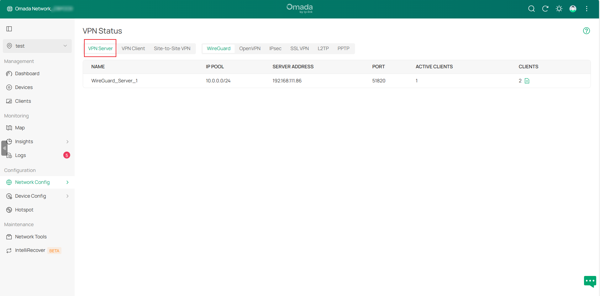 Show the VPN server tunnel page.