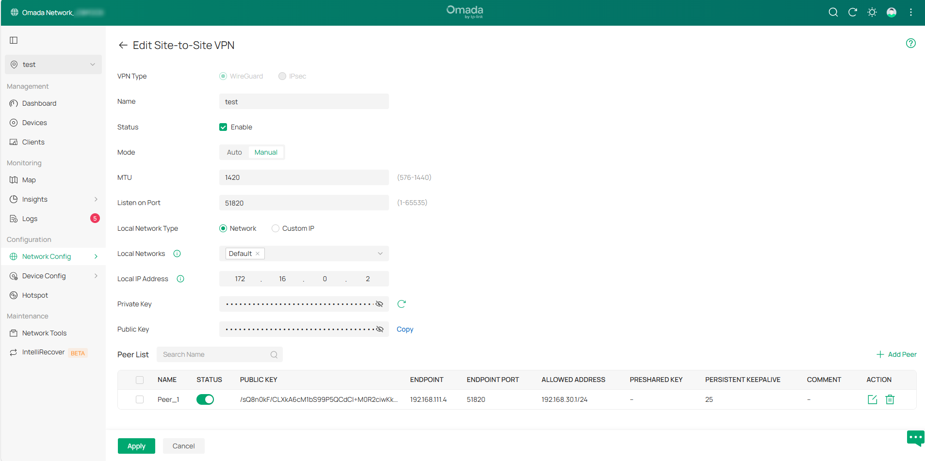 Display the WireGuard site-to-site VPN manual configuration page.