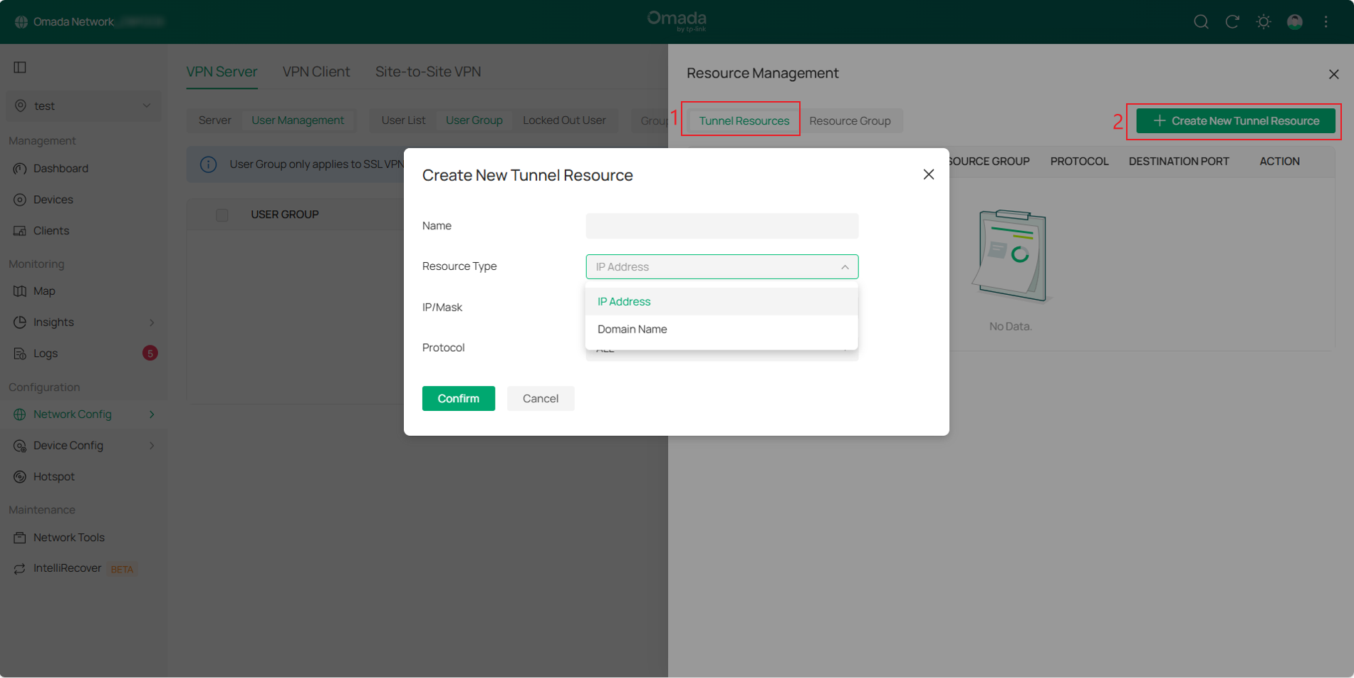 Display the create tunnel resource page.