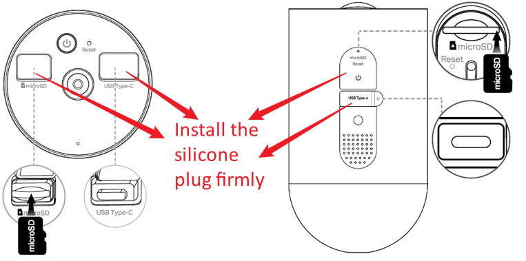The steps for installing the silicone plug on the wire-free camera.