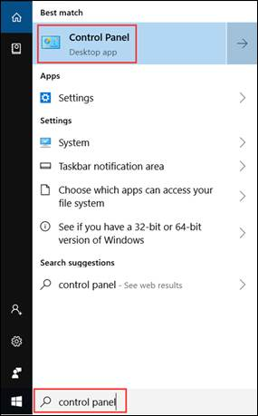 Control Panel search result showing "Control Panel" as best match, in the Windows 10 Start Menu.