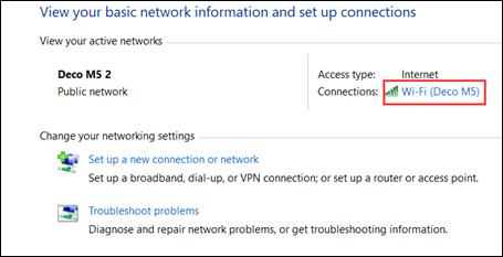 Network status window showing the active Wi-Fi connection (Deco M5) with Details button.