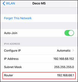 iOS Wi-Fi network details screen showing Router field with IP address 192.168.68.1 highlighted.