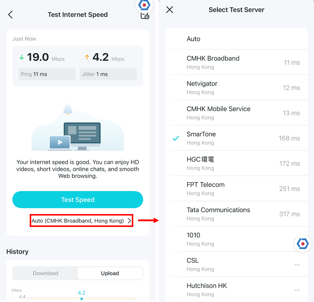 Select Different Servers to do a speed test.