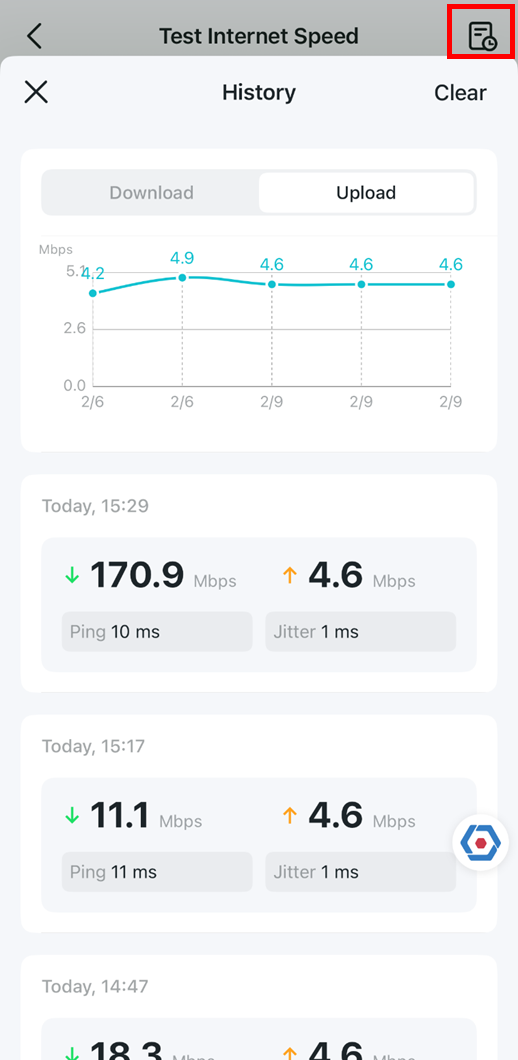 The speed test history record.