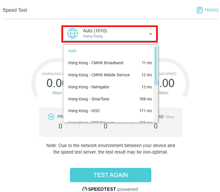 Select Different Servers to do a speed test in the Web GUI.