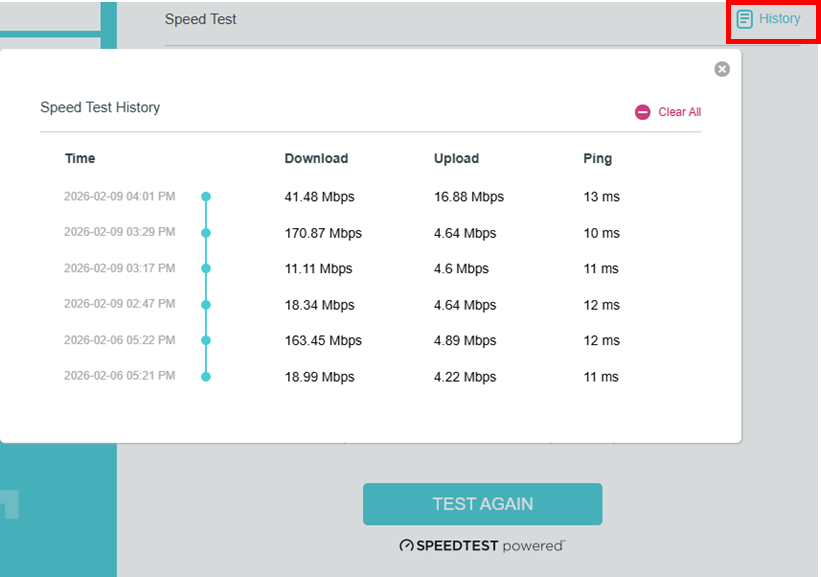 The speed test history record.