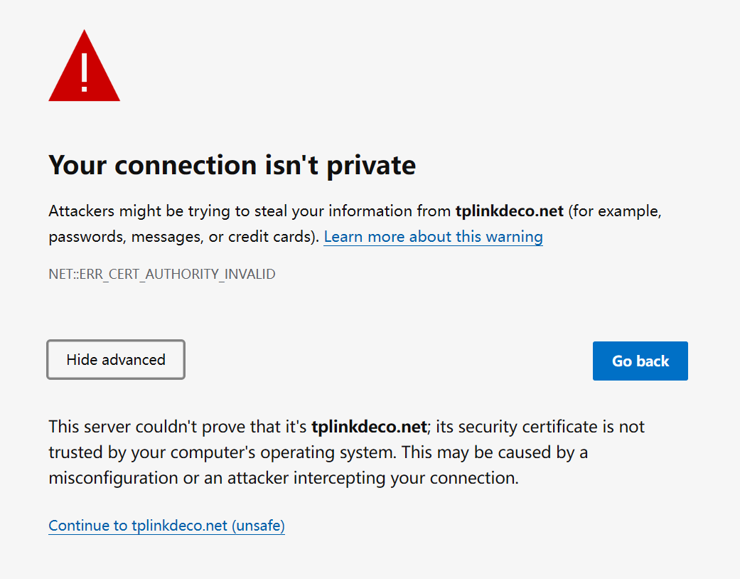 Expanded "Hide advanced / Continue to tplinkdeco.net (unsafe)" view screenshot.