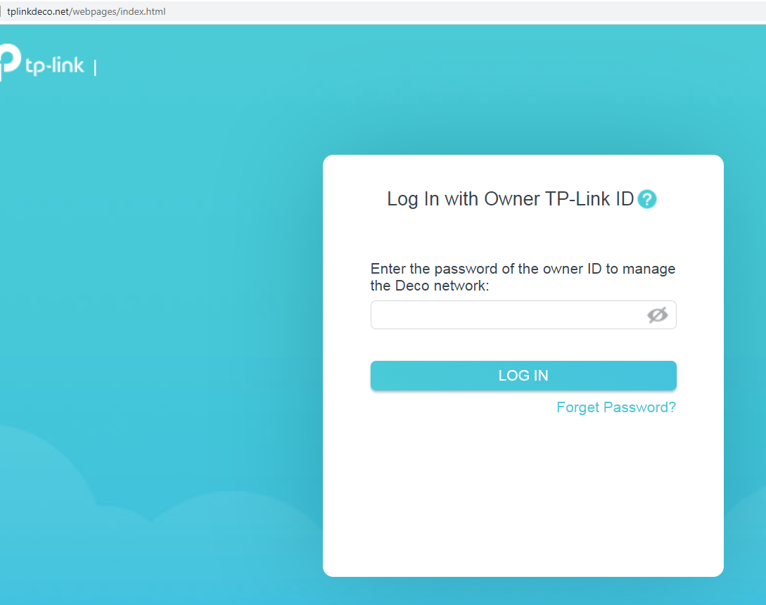 Deco login screen showing "Log In with Owner TP-Link ID" and password field.
