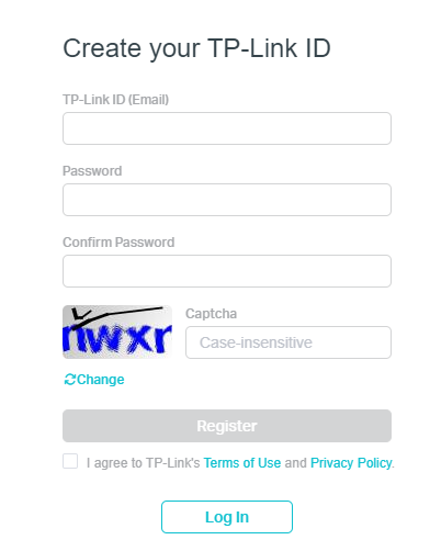 Web registration form showing the "Create your TP-Link ID" fields.