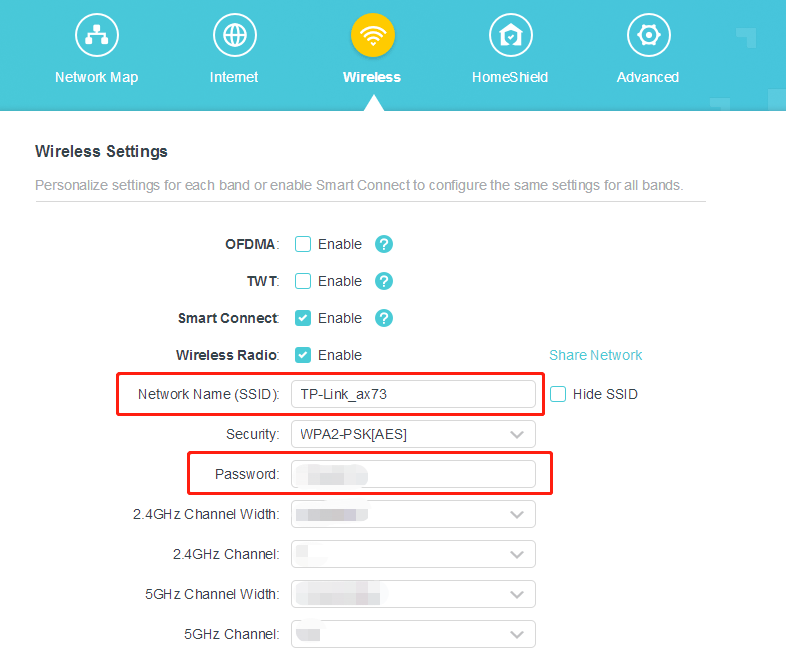 Wireless Settings screen showing Network Name (SSID) and Password fields.