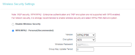 Wireless Security Settings screen showing Wireless Password field.