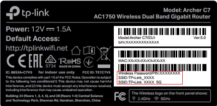 Router label showing default SSID and wireless password fields, highlighted in red.