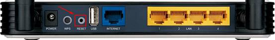 Rear panel of a TP-Link router with the Reset button highlighted in red.